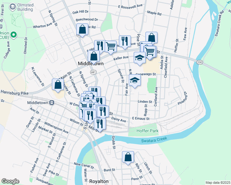 map of restaurants, bars, coffee shops, grocery stores, and more near 135 Linden Street in Middletown