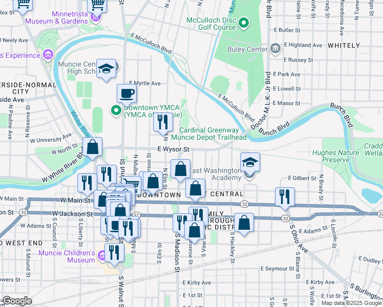 map of restaurants, bars, coffee shops, grocery stores, and more near 600 E Wysor St in Muncie