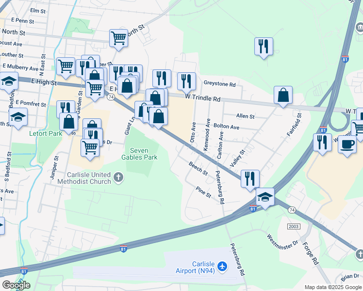 map of restaurants, bars, coffee shops, grocery stores, and more near 180 Pennsylvania 74 in Carlisle