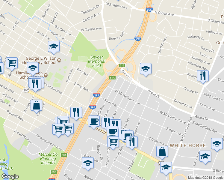 map of restaurants, bars, coffee shops, grocery stores, and more near 259 Churchill Avenue in Hamilton Township