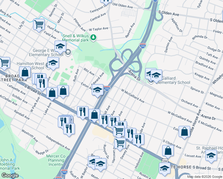 map of restaurants, bars, coffee shops, grocery stores, and more near 259 Churchill Avenue in Hamilton Township