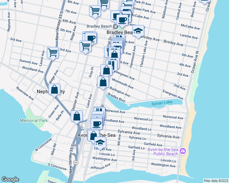 map of restaurants, bars, coffee shops, grocery stores, and more near 523 Burlington Avenue in Bradley Beach