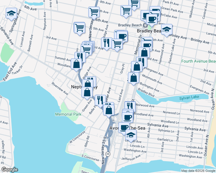 map of restaurants, bars, coffee shops, grocery stores, and more near 13 McClelland Place in Neptune City