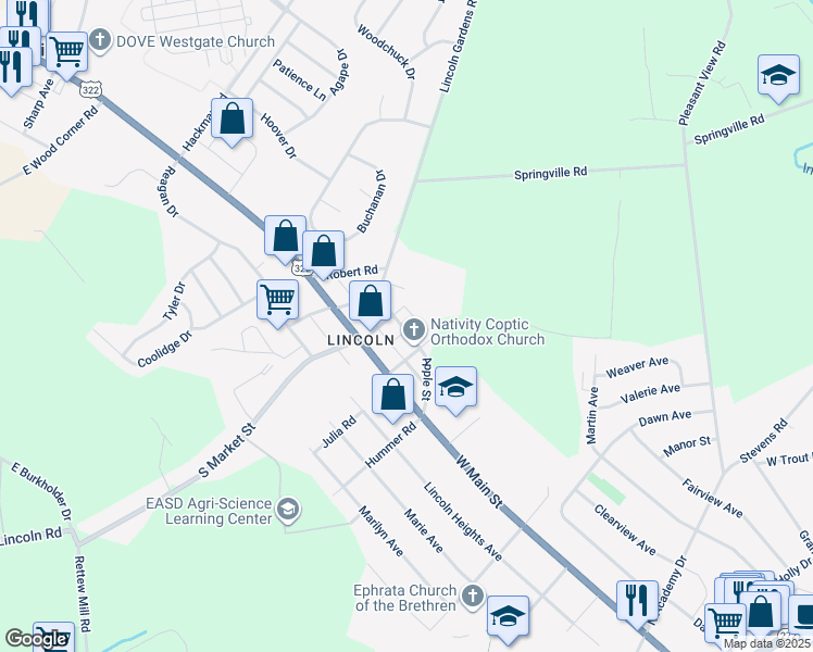 map of restaurants, bars, coffee shops, grocery stores, and more near 1377 Apple Street in Ephrata