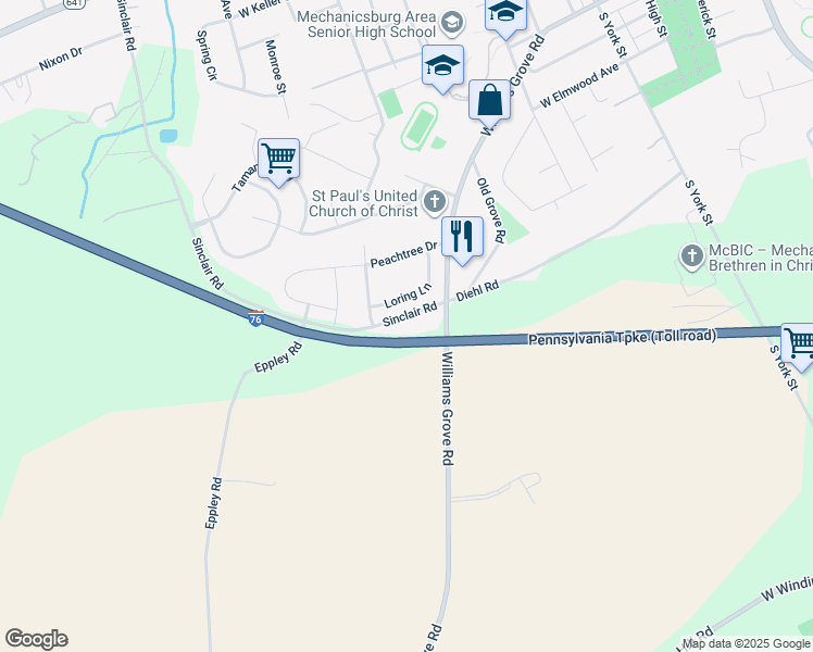 map of restaurants, bars, coffee shops, grocery stores, and more near 719 Sinclair Rd in Mechanicsburg