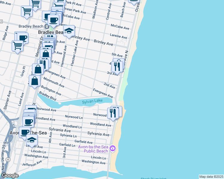 map of restaurants, bars, coffee shops, grocery stores, and more near 109 2nd Avenue in Bradley Beach