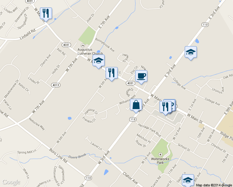 map of restaurants, bars, coffee shops, grocery stores, and more near 654 Hamilton Ct in Collegeville