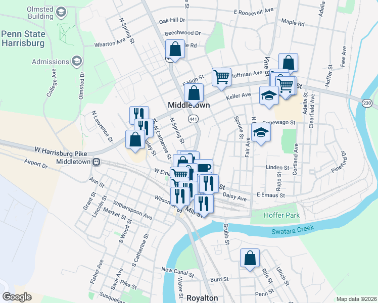 map of restaurants, bars, coffee shops, grocery stores, and more near 142 North Spring Street in Middletown