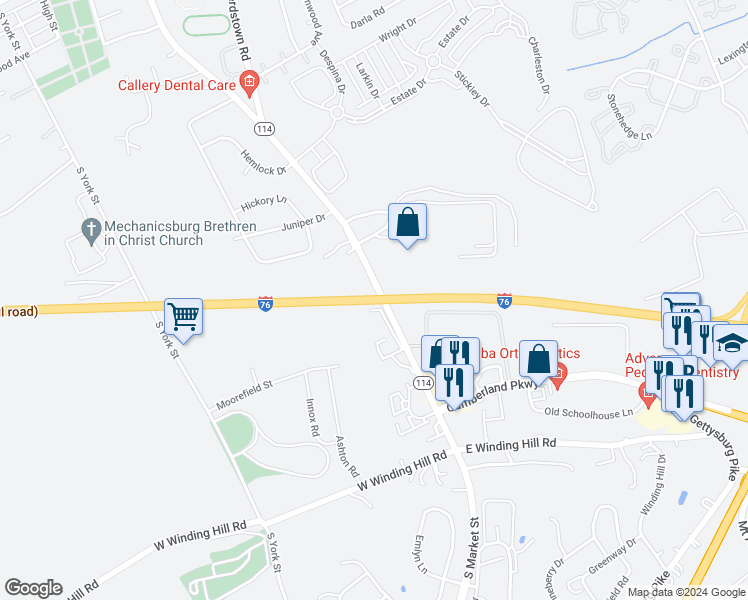 map of restaurants, bars, coffee shops, grocery stores, and more near 3030 Meridian Commons in Mechanicsburg