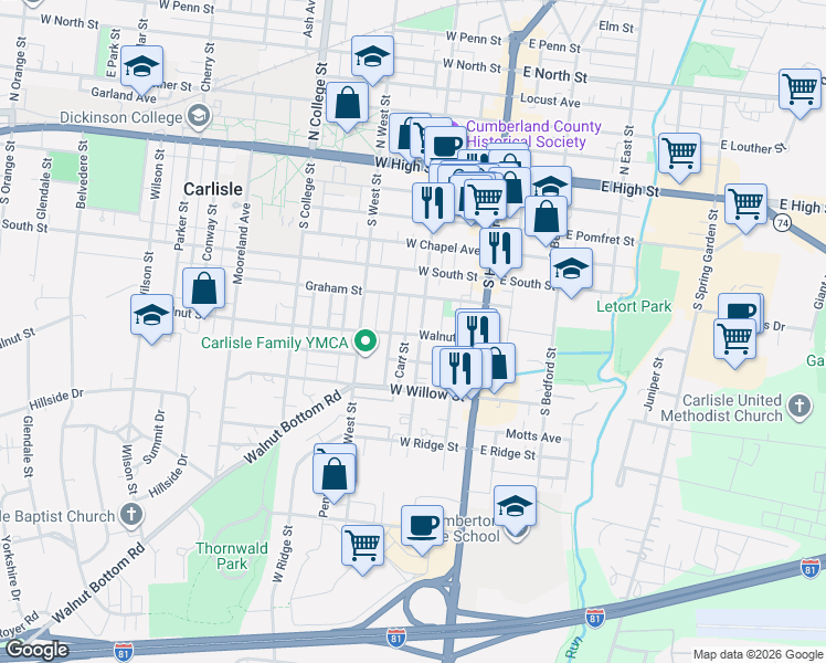 map of restaurants, bars, coffee shops, grocery stores, and more near 121 Walnut Street in Carlisle