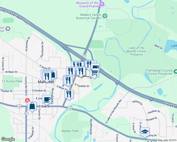 map of restaurants, bars, coffee shops, grocery stores, and more near 804 Eastwood Drive in Mahomet