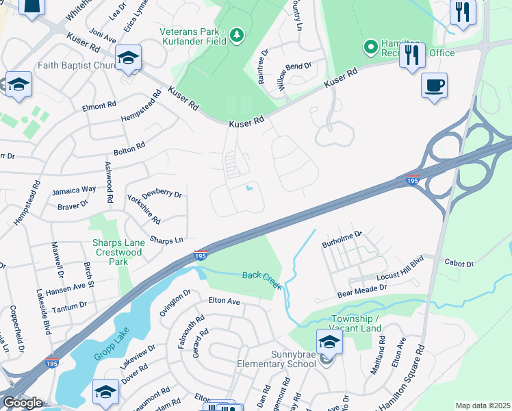 map of restaurants, bars, coffee shops, grocery stores, and more near 64 Kingston Boulevard in Hamilton Township