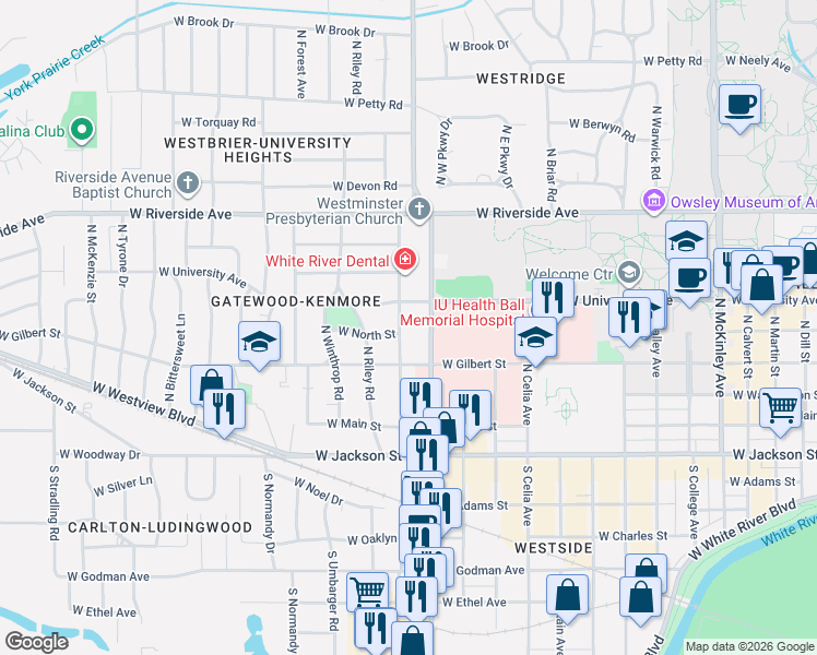 map of restaurants, bars, coffee shops, grocery stores, and more near 401 North Alden Road in Muncie