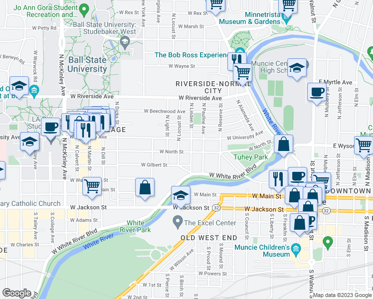 map of restaurants, bars, coffee shops, grocery stores, and more near 1004 West North Street in Muncie