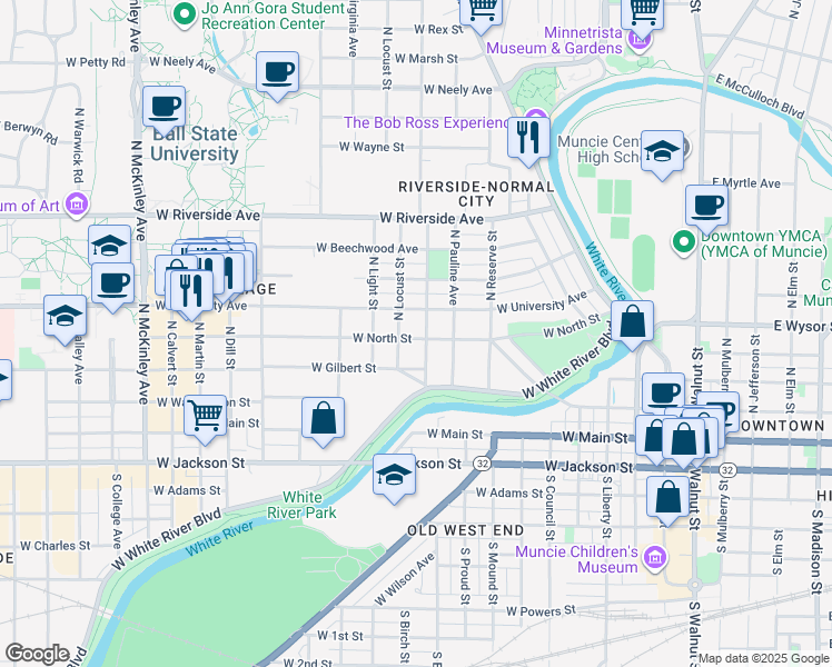 map of restaurants, bars, coffee shops, grocery stores, and more near 1014 West North Street in Muncie