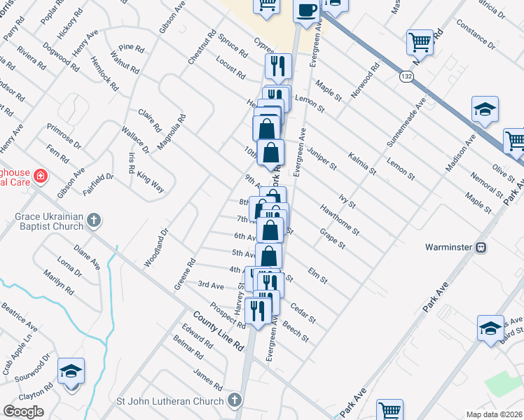 map of restaurants, bars, coffee shops, grocery stores, and more near 240 York Road in Warminster