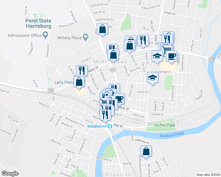 map of restaurants, bars, coffee shops, grocery stores, and more near 136 North Spring Street in Middletown
