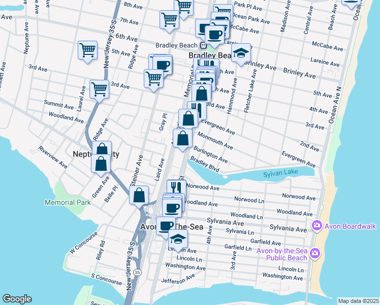 map of restaurants, bars, coffee shops, grocery stores, and more near 7 Main Street in Bradley Beach