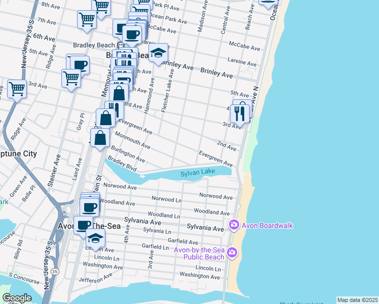 map of restaurants, bars, coffee shops, grocery stores, and more near 307 Evergreen Avenue in Bradley Beach