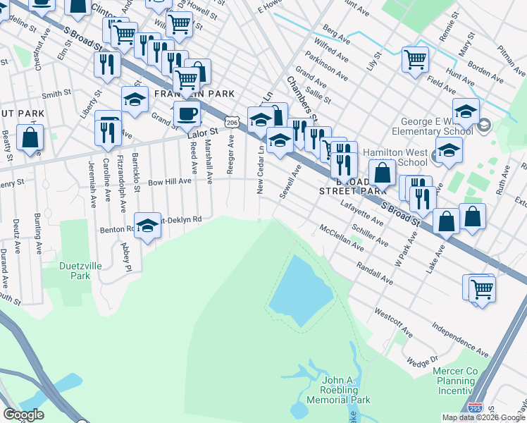 map of restaurants, bars, coffee shops, grocery stores, and more near 145 New Cedar Lane in Hamilton Township