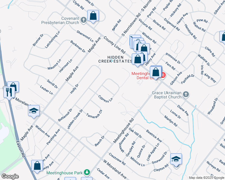 map of restaurants, bars, coffee shops, grocery stores, and more near 308 Hemlock Dr in Hatboro