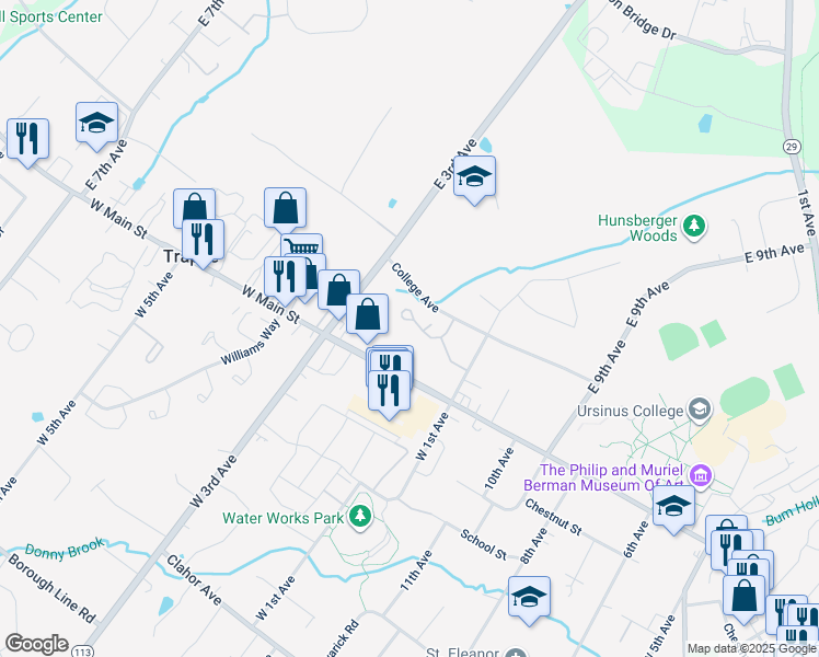 map of restaurants, bars, coffee shops, grocery stores, and more near 122 Colonels Place in Trappe