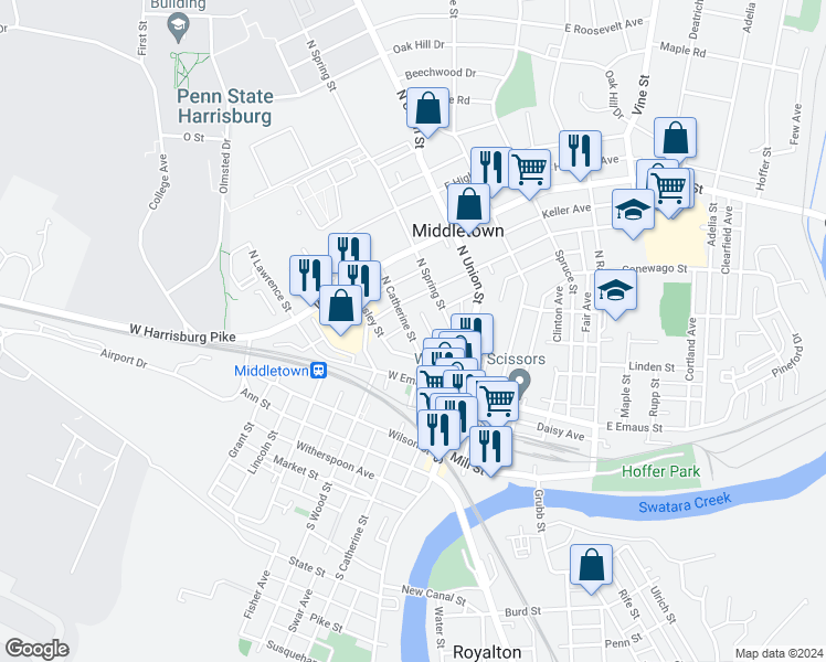 map of restaurants, bars, coffee shops, grocery stores, and more near 156 North Catherine Street in Middletown