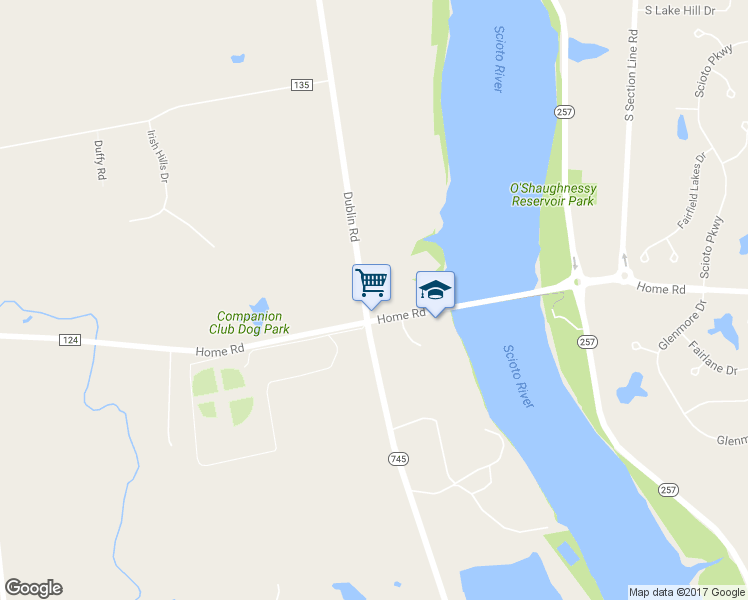 map of restaurants, bars, coffee shops, grocery stores, and more near 7737 Dublin Road in Delaware