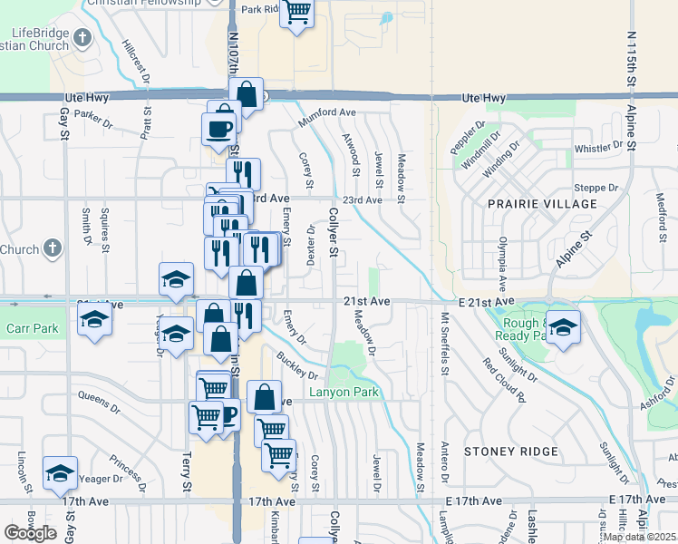 map of restaurants, bars, coffee shops, grocery stores, and more near 2134 Collyer Street in Longmont