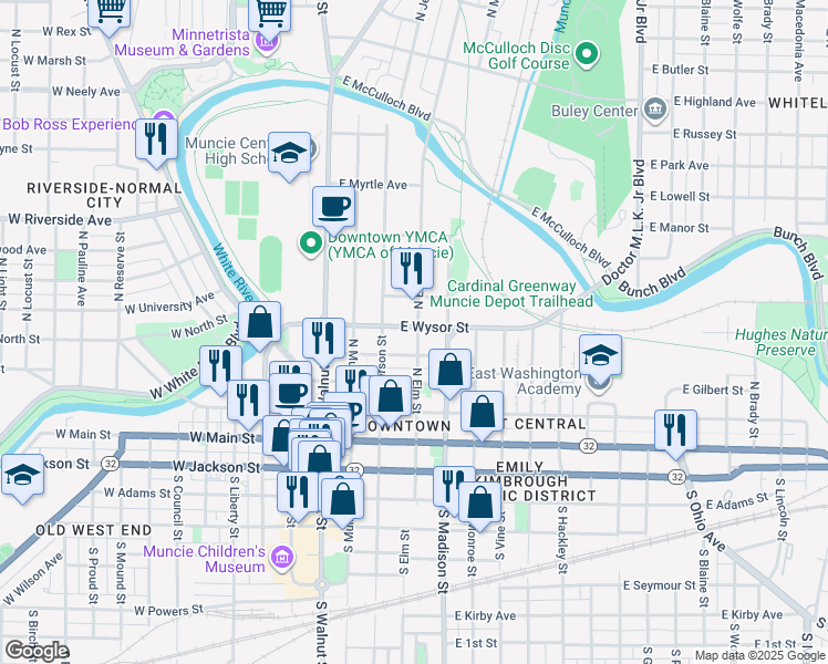 map of restaurants, bars, coffee shops, grocery stores, and more near 333 East Wysor Street in Muncie