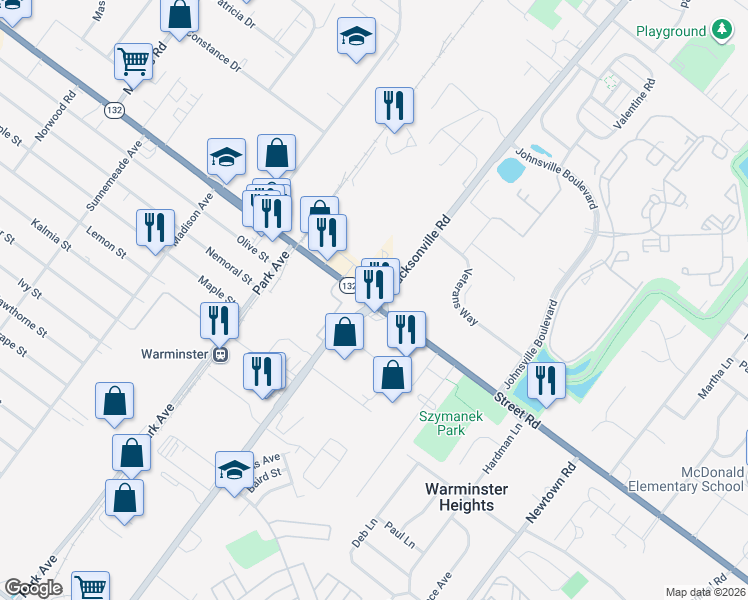 map of restaurants, bars, coffee shops, grocery stores, and more near 3 Street Road in Warminster