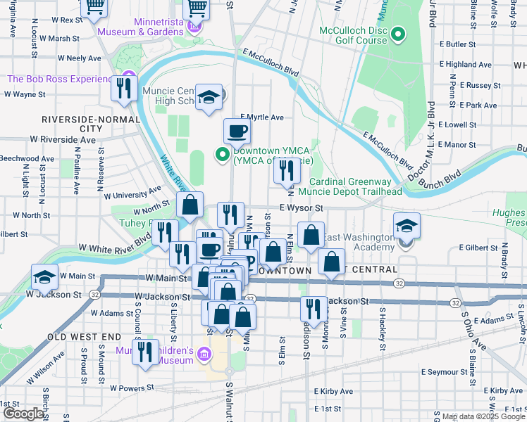 map of restaurants, bars, coffee shops, grocery stores, and more near 221 East Wysor Street in Muncie
