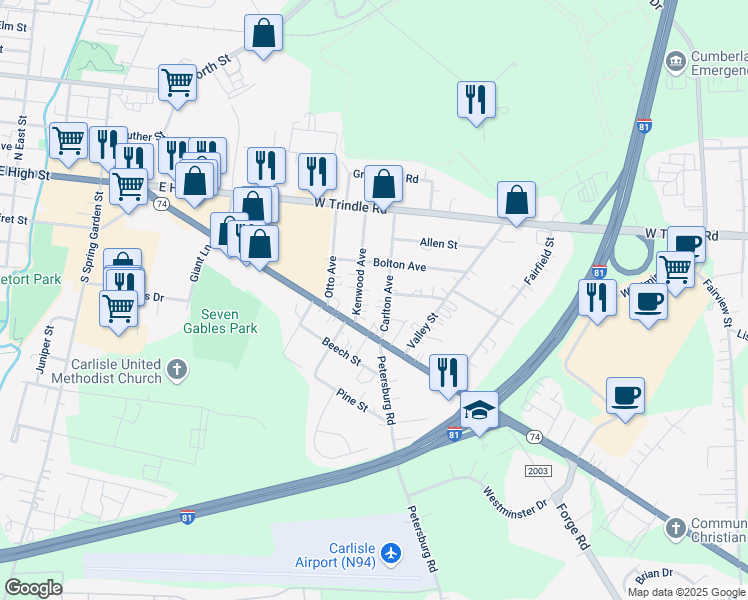 map of restaurants, bars, coffee shops, grocery stores, and more near 40 Carlton Avenue in Carlisle