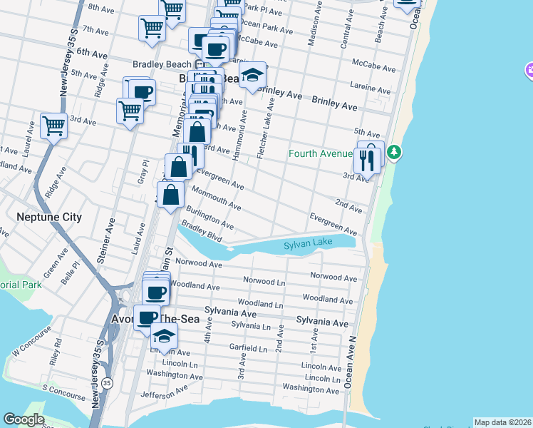 map of restaurants, bars, coffee shops, grocery stores, and more near 27 Madison Avenue in Bradley Beach