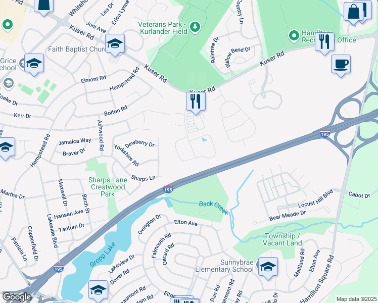map of restaurants, bars, coffee shops, grocery stores, and more near Interstate 195 in Hamilton Township