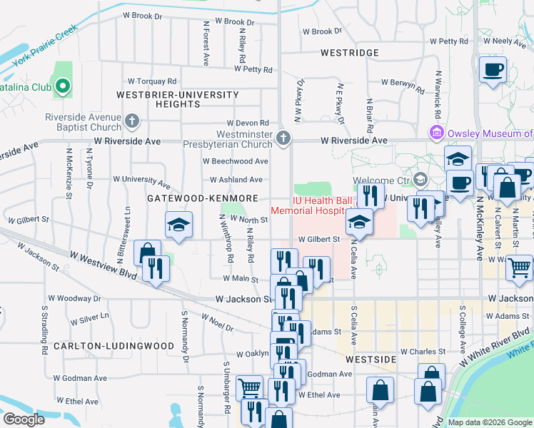 map of restaurants, bars, coffee shops, grocery stores, and more near 401 North Alden Road in Muncie
