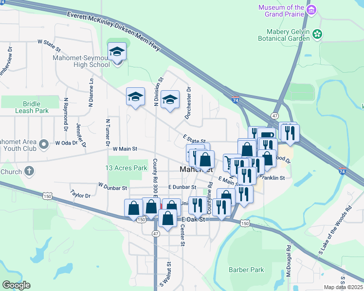 map of restaurants, bars, coffee shops, grocery stores, and more near 210 Augusta Street in Mahomet