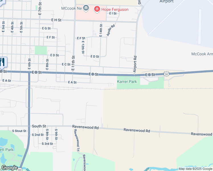 map of restaurants, bars, coffee shops, grocery stores, and more near 1400 East A Street in McCook