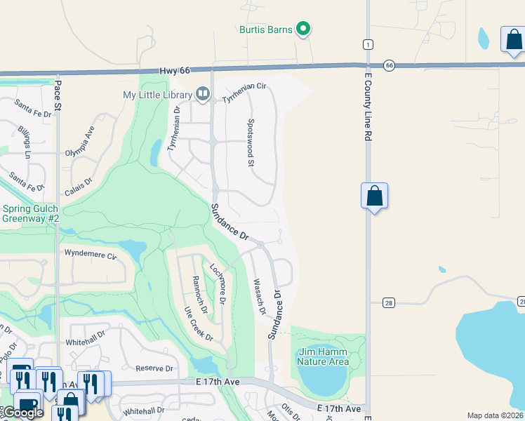 map of restaurants, bars, coffee shops, grocery stores, and more near 2240 Tyrrhenian Circle in Longmont