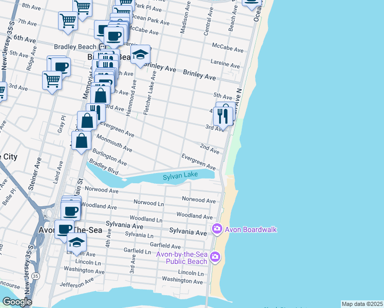 map of restaurants, bars, coffee shops, grocery stores, and more near 210 Evergreen Avenue in Bradley Beach