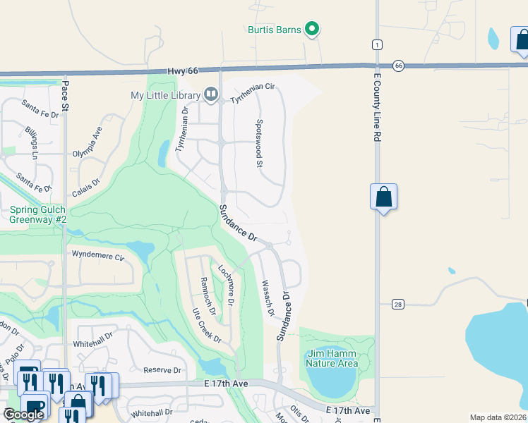 map of restaurants, bars, coffee shops, grocery stores, and more near 2240 Tyrrhenian Circle in Longmont