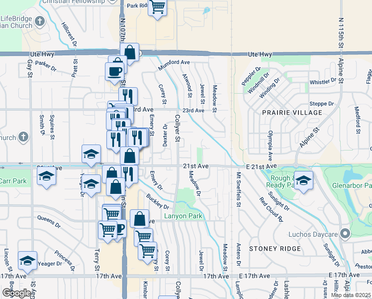 map of restaurants, bars, coffee shops, grocery stores, and more near 2136 Collyer Street in Longmont