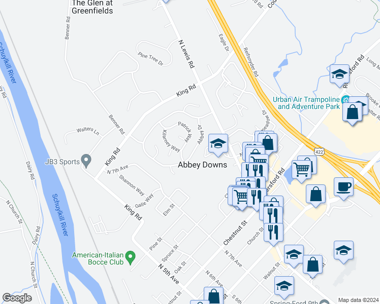 map of restaurants, bars, coffee shops, grocery stores, and more near 187 Abbey Drive in Royersford