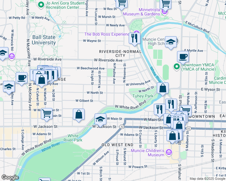 map of restaurants, bars, coffee shops, grocery stores, and more near 400 North Linden Street in Muncie