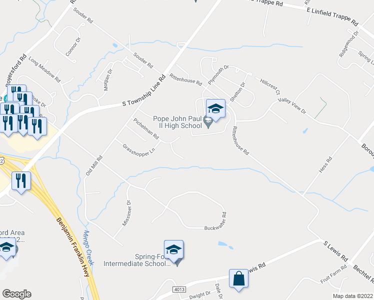 map of restaurants, bars, coffee shops, grocery stores, and more near 6 Dorothy Cir in Royersford