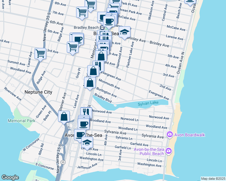 map of restaurants, bars, coffee shops, grocery stores, and more near 3 Atlantic Avenue in Bradley Beach