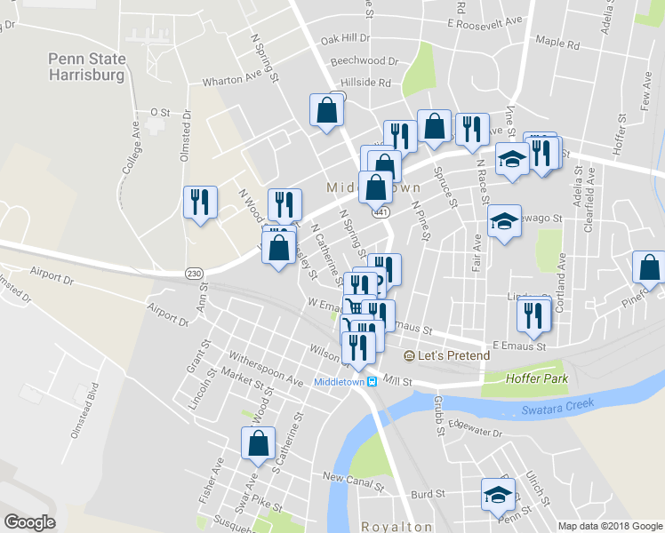 map of restaurants, bars, coffee shops, grocery stores, and more near 163 North Catherine Street in Middletown