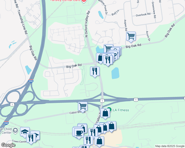 map of restaurants, bars, coffee shops, grocery stores, and more near 91 Oxford Valley Road in Yardley