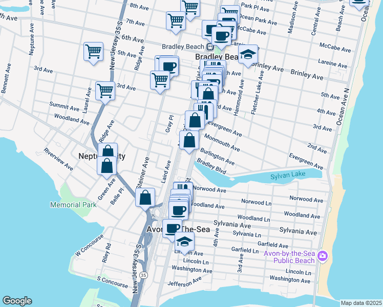 map of restaurants, bars, coffee shops, grocery stores, and more near 7 Main Street in Bradley Beach
