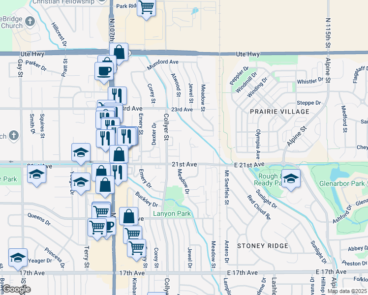 map of restaurants, bars, coffee shops, grocery stores, and more near 2142 Meadow Court in Longmont
